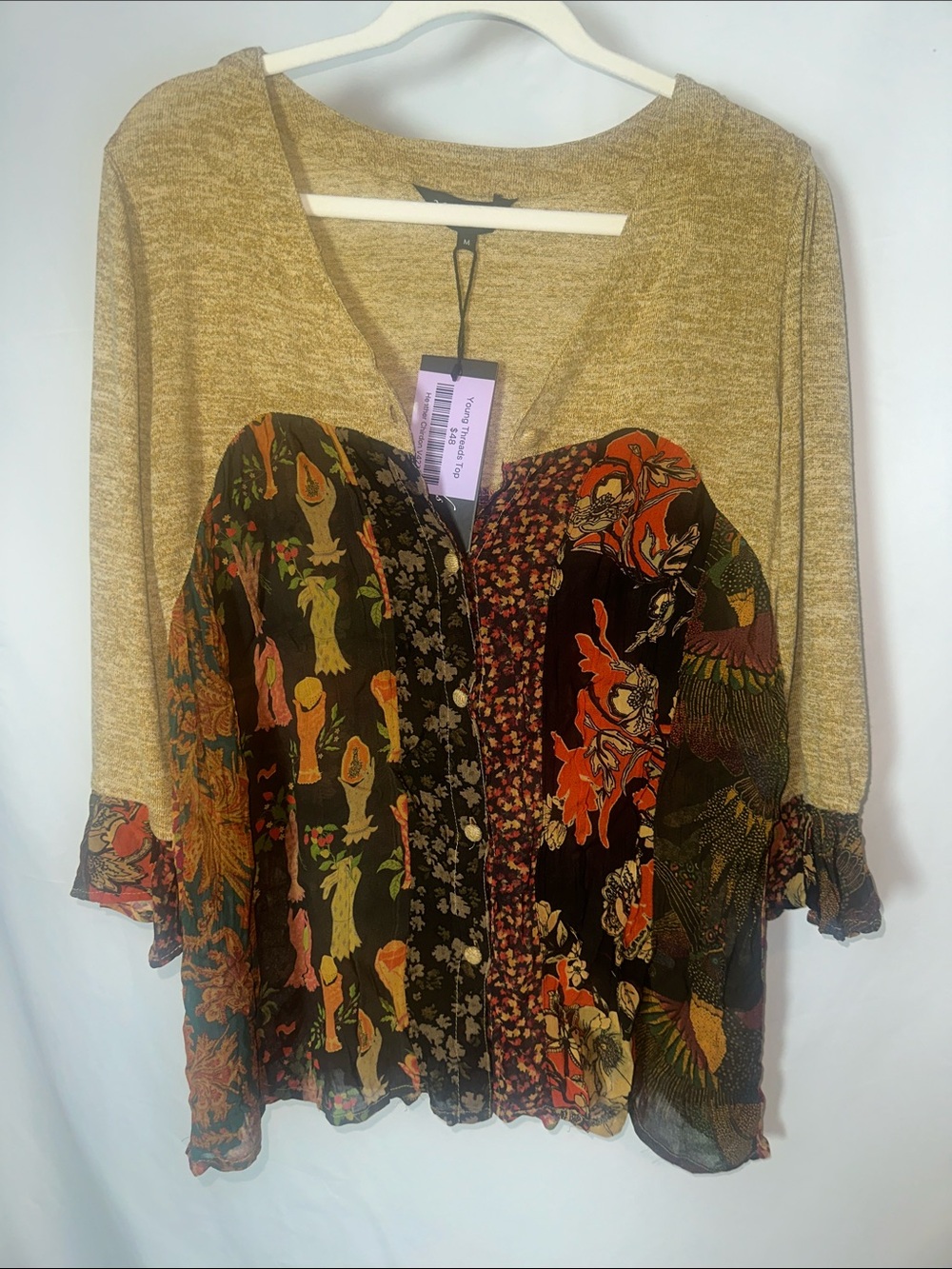 Young threads Boho Patchwork V-Neck Tunic in Mustard and Multicolor